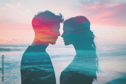 Double exposure style image, silhouette of a couple in love consisting of a man and a woman