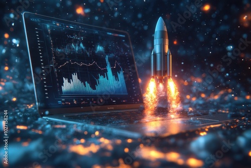 A laptop with a rocket on it photo