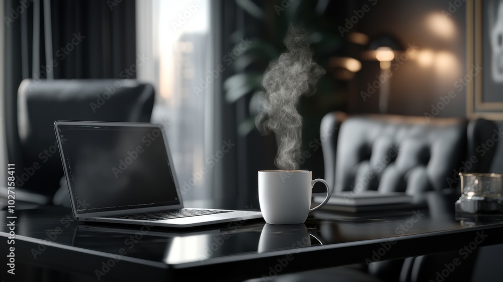 A laptop is open on a desk with a white coffee cup next to it A laptop is open on a desk with a white coffee cup next to it