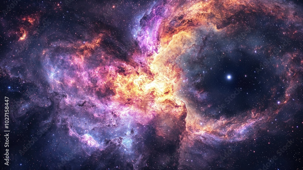 Fototapeta premium a vast, expansive galaxy with a serene black hole on the right, with intricate details of swirling gases and stardust. The color palette shifts from vibrant 