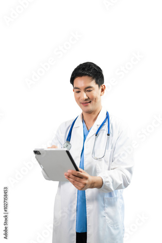 Man portrait of a doctor wearing a white coat and a stethoscope looking into the camera on a white isolated background