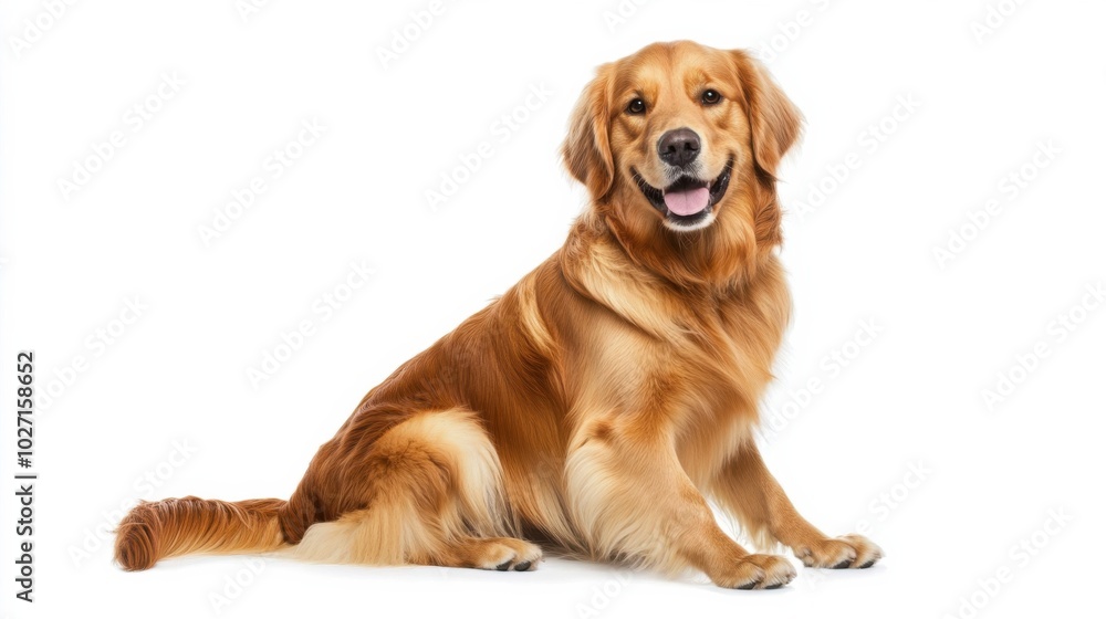 A cheerful golden retriever sitting gracefully on a white background in a well-lit studio setting A cheerful golden retriever sitting gracefully on a white background in a well-lit studio setting