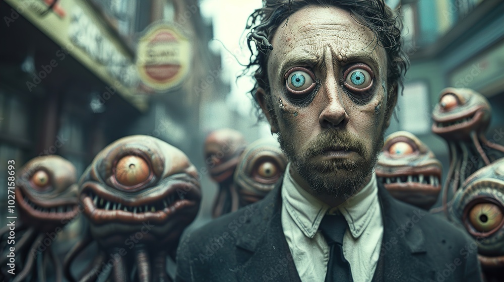 Surreal Man Surrounded by Creepy Eyed Creatures Surreal Man Surrounded by Creepy Eyed Creatures