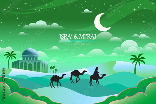 Al-Isra wal Mi'raj means The night journey of Prophet Muhammad, Islamic Background Design Template Vector Illustration. Brochure or Banner, Website 
flat landscapes Illustration.