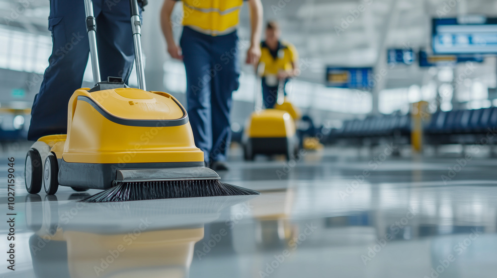 Fototapeta premium Airport cleaning crew maintaining a spotless terminal floor