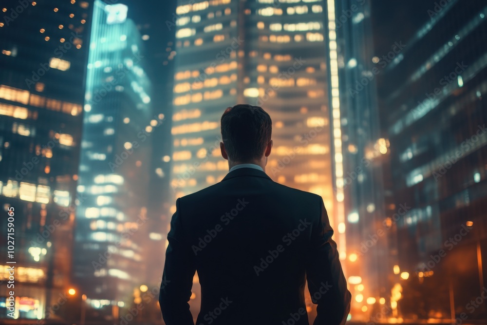 Businessman looking at illuminated city skyline at night Businessman looking at illuminated city skyline at night