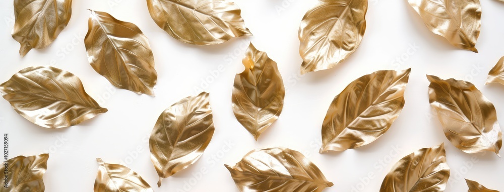 Elegant Golden Leaves Scattered on a White Backdrop Elegant Golden Leaves Scattered on a White Backdrop