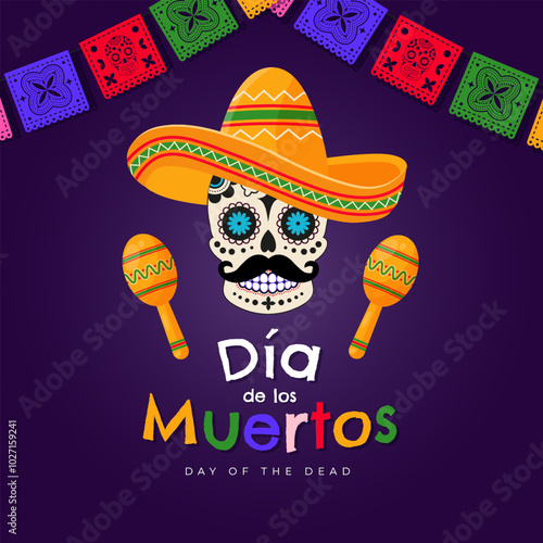 Dia de Los Muertos - Day of the Dead celebration banner, poster, card with colorful mexican traditional objects. Vector illustration