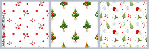 Chtistmas seamless pattern set with Chtistmas tree, snowflakes, candy cane, red berries, holly. Design for print, wrapping paper, textile, fabric, wallpaper. Vector illustration