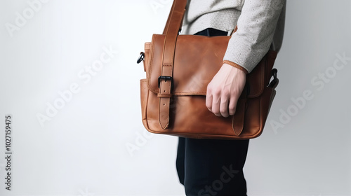 Person with crossbody brown leather bag