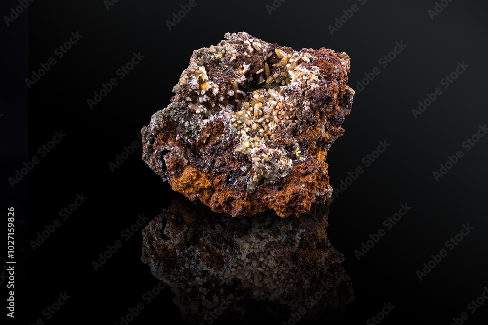 Green mimetite with elongated pyramidal yellow Wulfenite. Specimen from Ojuela Mine, Mapimi, Mexico. photography isolated on black background. macro detail close-up mineral crystal unpolished.
Green mimetite with elongated pyramidal yellow Wulfenite. Specimen from Ojuela Mine, Mapimi, Mexico. photography isolated on black background. macro detail close-up mineral crystal unpolished.