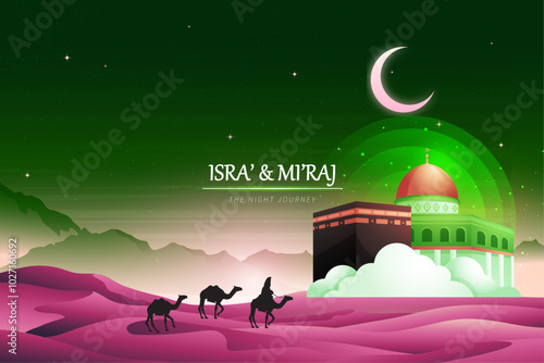 Al-Isra wal Mi'raj means The night journey of Prophet Muhammad, Islamic Background Design Template Vector Illustration. Brochure or Banner, Website flat landscapes Illustration.