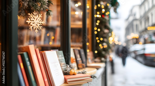 A bookshop window display filled with holiday-themed during Christmas in winter