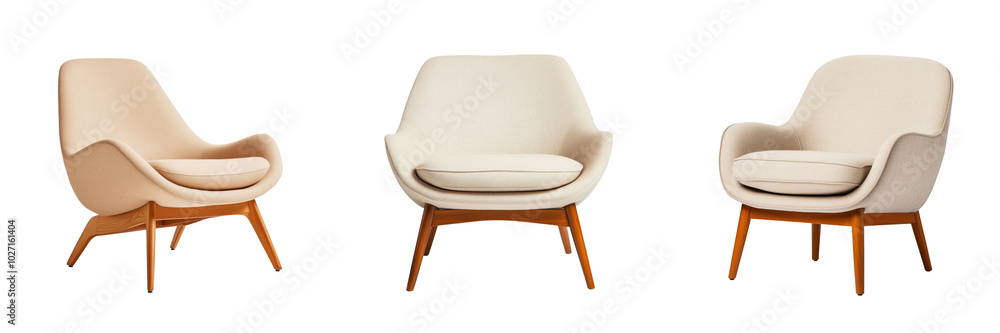 A chic upholstered lounge chair with a mid-century modern design, featuring tapered wooden legs, isolated on a transparent background A chic upholstered lounge chair with a mid-century modern design, featuring tapered wooden legs, isolated on a transparent background