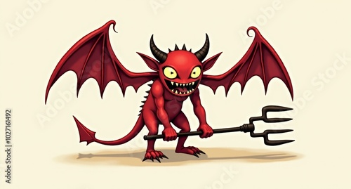 A small red demon with tiny bat wings and a long, curling tail grins mischievously, but struggles to wield an oversized pitchfork. His crooked horns and sharp-toothed grin look menacing, but his clums photo