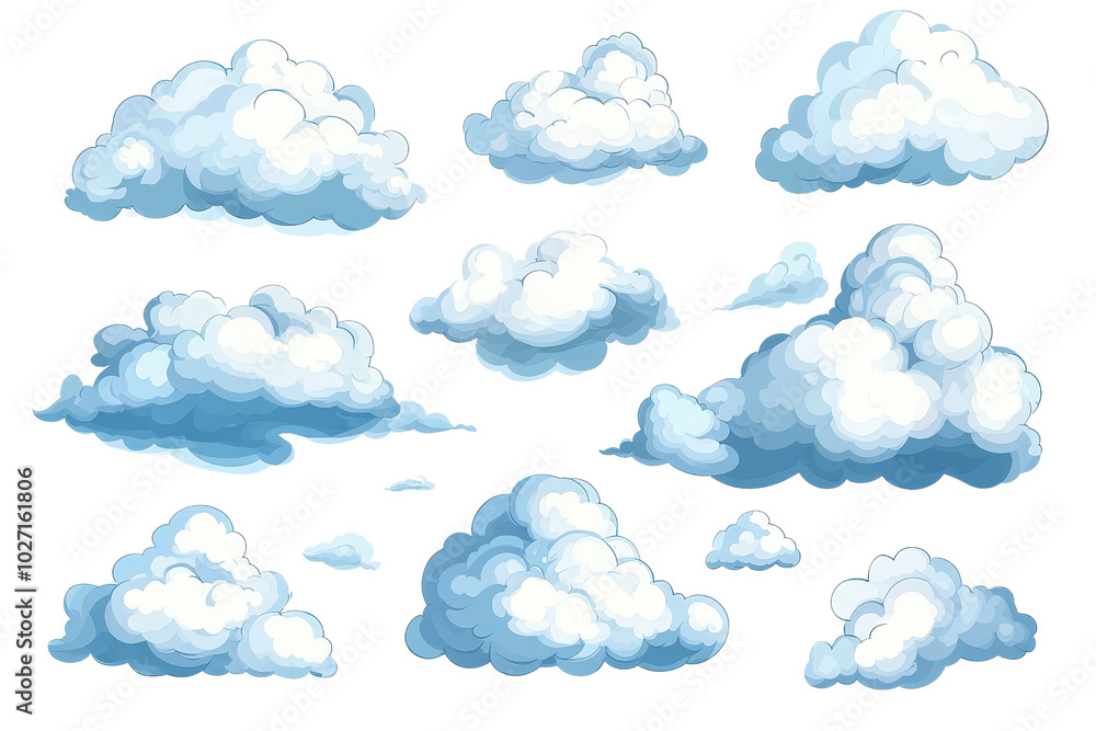Illustration of various fluffy cumulus clouds set against a transparent background, perfect for weather apps and design projects. Illustration of various fluffy cumulus clouds set against a transparent background, perfect for weather apps and design projects.