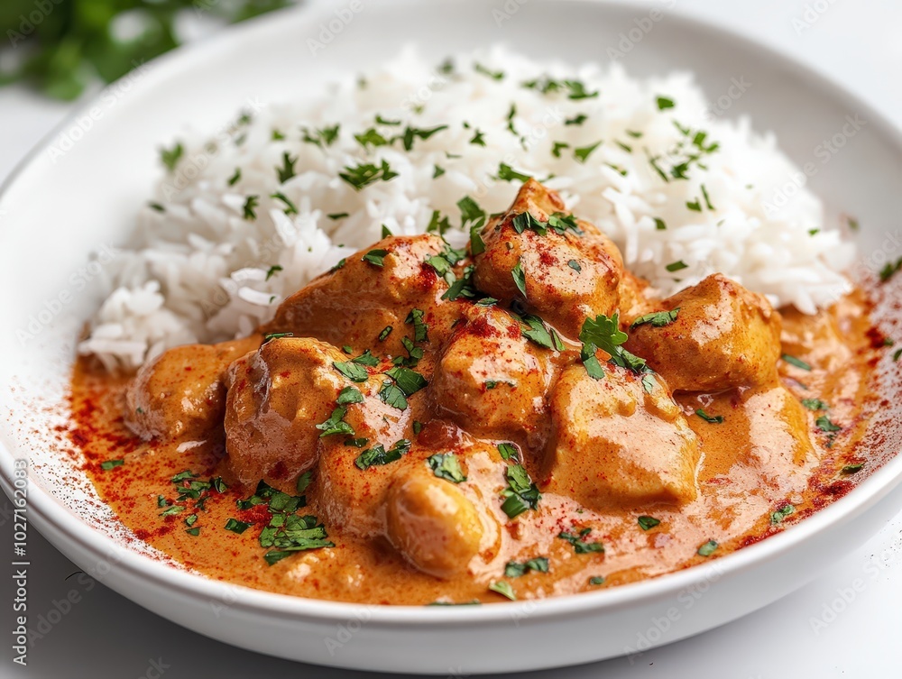 Delicious Indian Chicken Curry with Basmati Rice on Plate Delicious Indian Chicken Curry with Basmati Rice on Plate