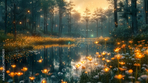 Enchanted Forest with Glowing Fireflies and Reflective Lake