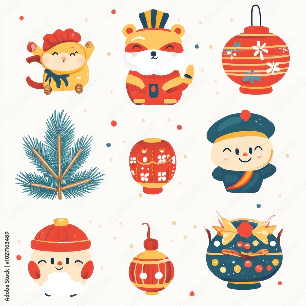 Obraz premium A cheerful collection of festive icons celebrating cultural traditions. Perfect for decorations and seasonal designs.
