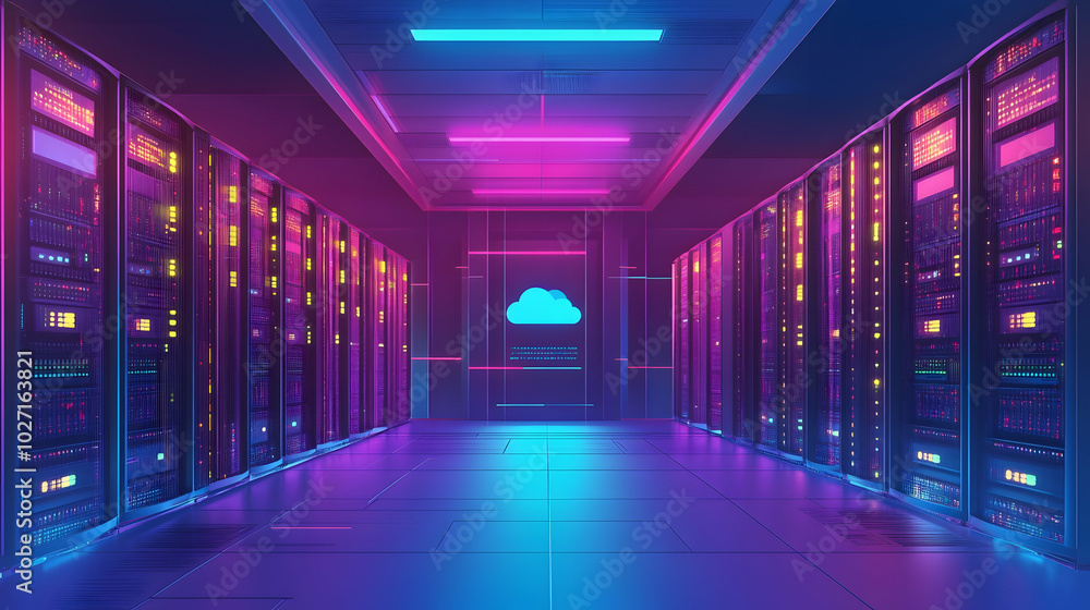 Datacenter server room showcasing cloud storage technology for big data processing and security illustration - Datacenter server room showcasing cloud storage technology for big data processing and security illustration -