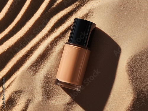 A bottle of light brown liquid foundation is placed on a sandy surface. The texture of this high-end luxury product presents a natural beauty. photo