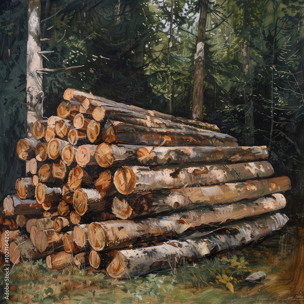 Stacked Logs in Dense Forest Stacked Logs in Dense Forest