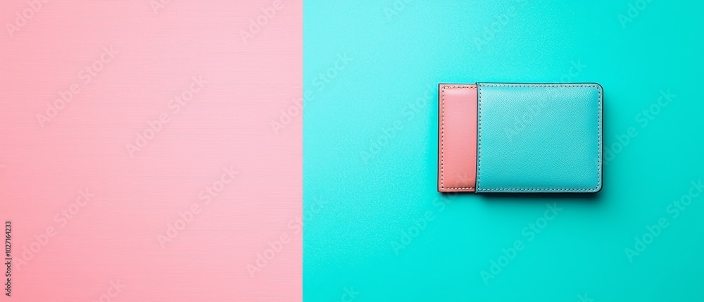 Pink and Blue Leather Wallet on Teal and Pink Background Pink and Blue Leather Wallet on Teal and Pink Background