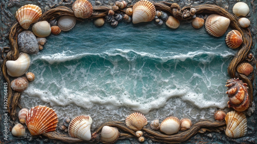 Obraz premium Seashell Frame Enclosing a Foamy Ocean Wave