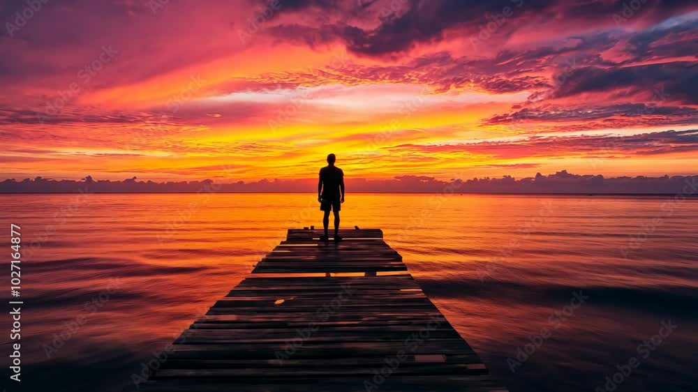 A lone figure stands on a wooden pier, watching the vibrant sunset paint the sky over the ocean A lone figure stands on a wooden pier, watching the vibrant sunset paint the sky over the ocean