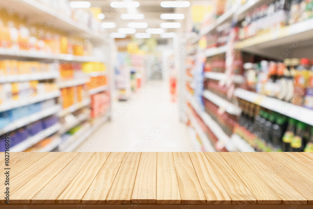 Empty wood table top with supermarket blurred background for product display Empty wood table top with supermarket blurred background for product display