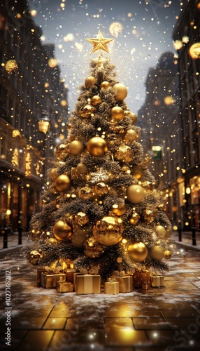 A beautifully decorated Christmas tree with gold ornaments and lights, standing in the middle of a snow-covered street.