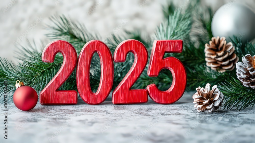 New Year 2025 Red 3D Numbers for Card with Spruce Twigs and Balls. New Year 2025 Red 3D Numbers for Card with Spruce Twigs and Balls.