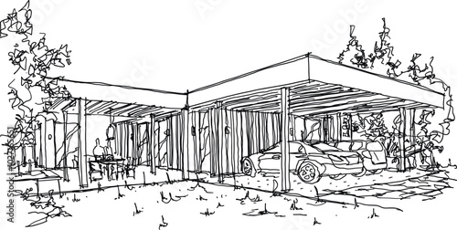hand drawn architectural sketch of modern one story detached house with flat roof over parking 