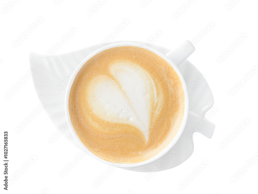 Cappuccino, latte, coffee with milk in a white glass mug. The drawing on the coffee foam. View from above. On a white background. Isolated. Space for text. Copy space Cappuccino, latte, coffee with milk in a white glass mug. The drawing on the coffee foam. View from above. On a white background. Isolated. Space for text. Copy space