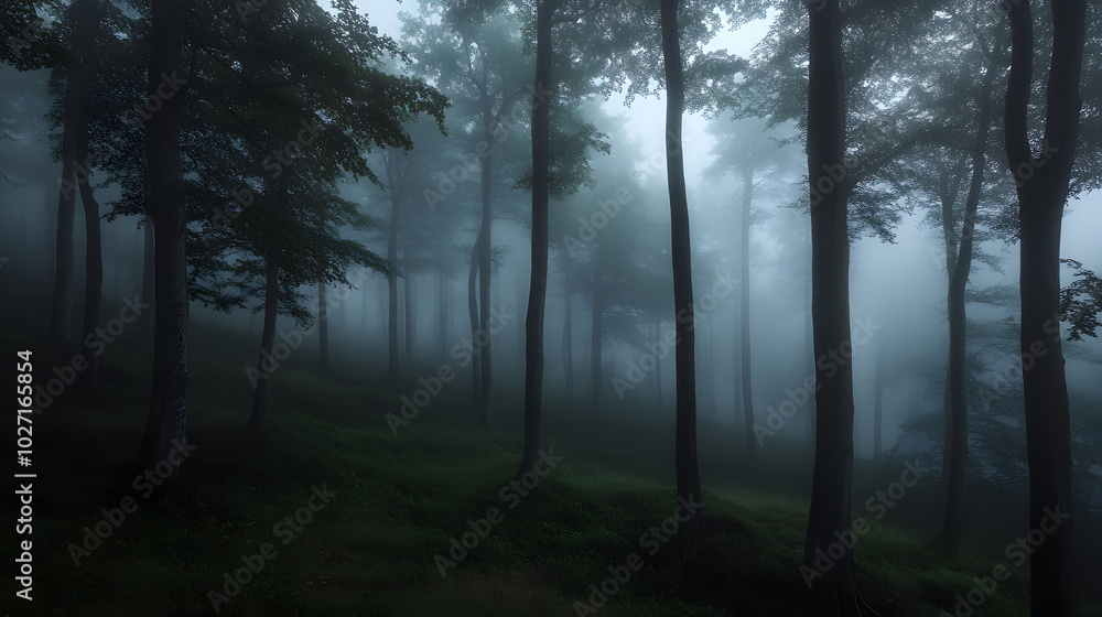 Naklejka premium Mystical Foggy Forest Landscape Nature Photography Dark Trees Woodland Mist Atmosphe
