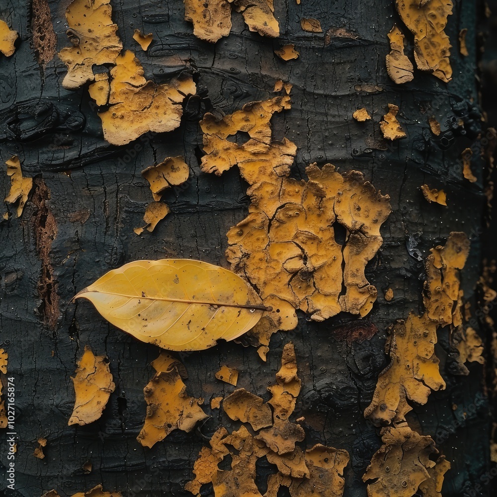 Obraz premium Leaf on Weathered Tree Bark
