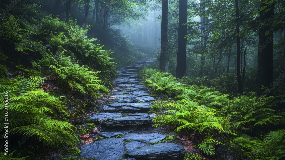 Obraz premium Stone Path Winding Through a Misty, Fern-Filled Forest