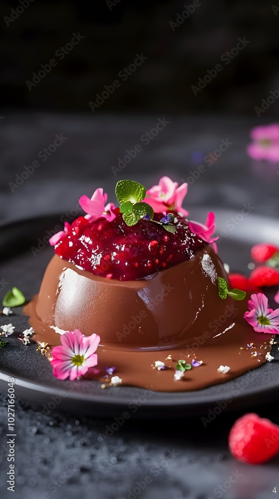 Naklejka premium Chocolate Pudding with Raspberry Sauce and Flowers