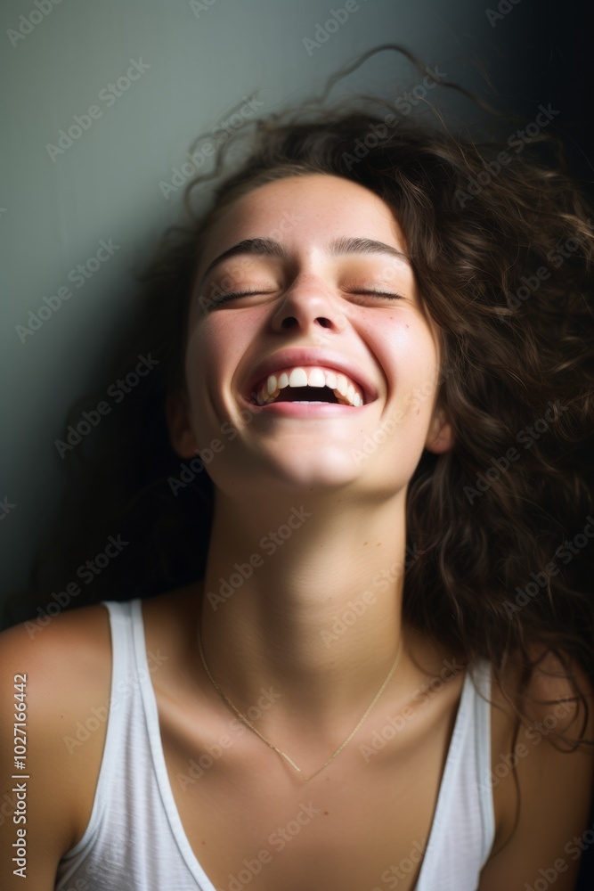 Close-up portrait of a girl against the wall, laughing with her head thrown back, happy. Generative AI. Close-up portrait of a girl against the wall, laughing with her head thrown back, happy. Generative AI.
