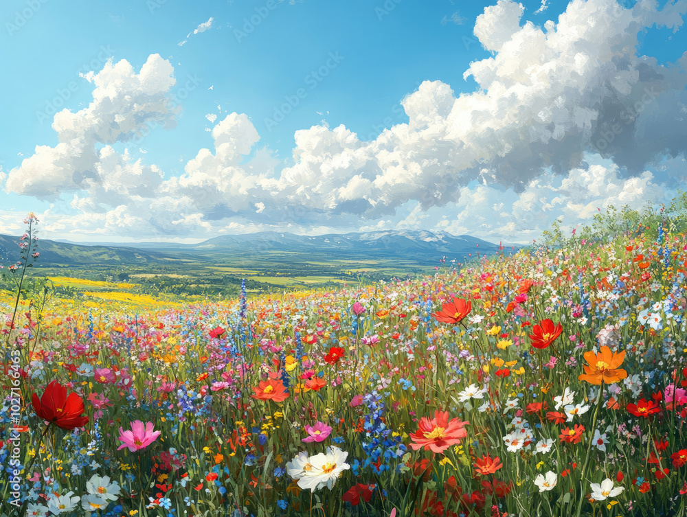 Fototapeta premium Vibrant Wildflower Meadow with Mountain Range in the Background