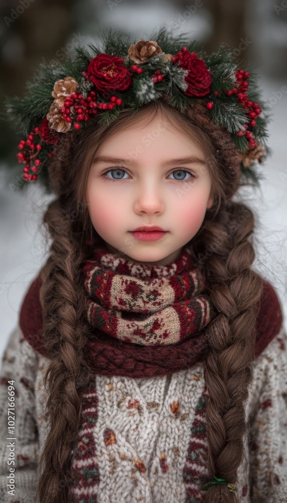 Young girl with long braids and a festive wreath, a winter wonderland portrait. Young girl with long braids and a festive wreath, a winter wonderland portrait.