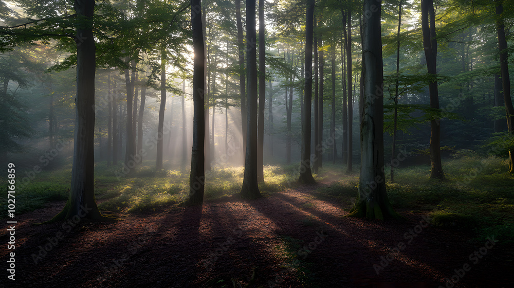 Fototapeta premium Sunbeams Through Misty Forest Trees Nature Photography Woodland Landscape