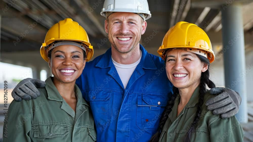 Diverse small group of construction workers smiling proudly at bridge construction site Diverse small group of construction workers smiling proudly at bridge construction site