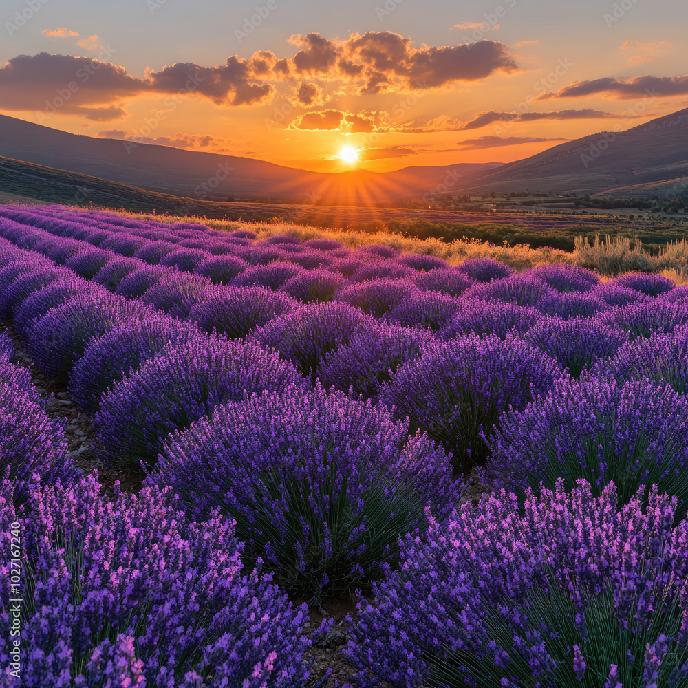 Obraz premium Stunning Sunset Over a Lavender Field in the French Countryside