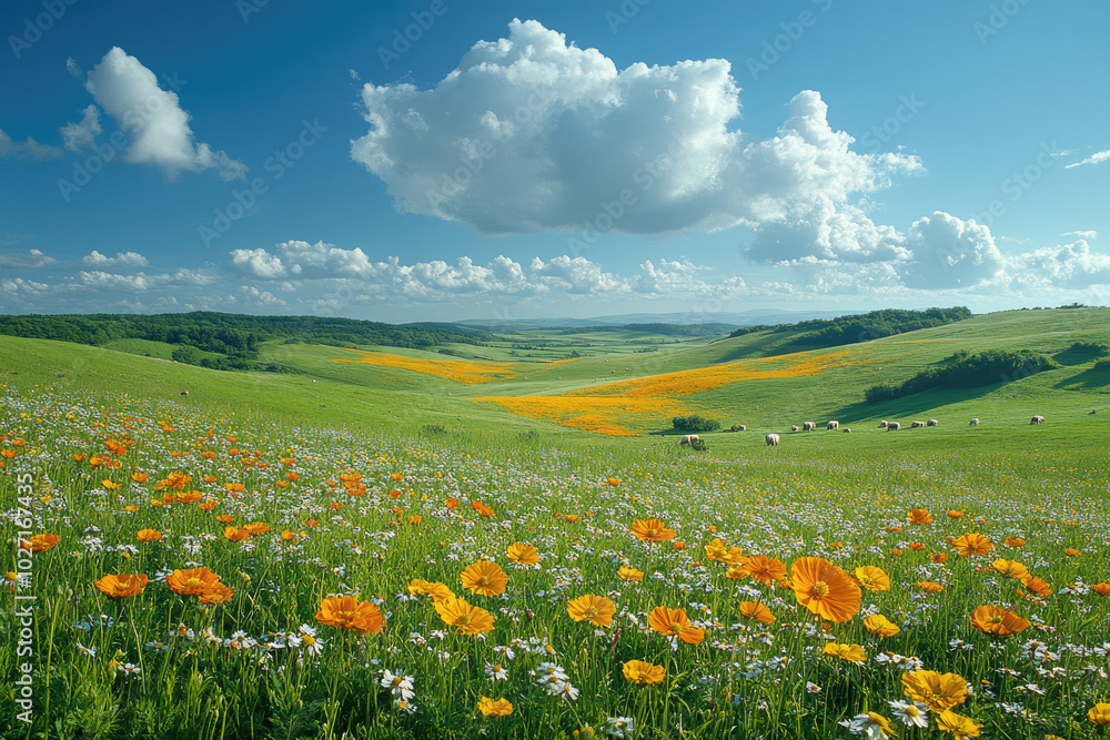 Stunning View of a Lush Green Meadow with Wildflowers and Rolling Hills Stunning View of a Lush Green Meadow with Wildflowers and Rolling Hills