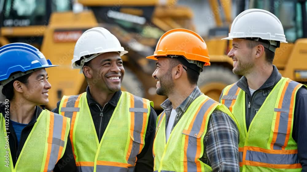 Diverse group of male construction workers smiling at job site with vehicles behind Diverse group of male construction workers smiling at job site with vehicles behind
