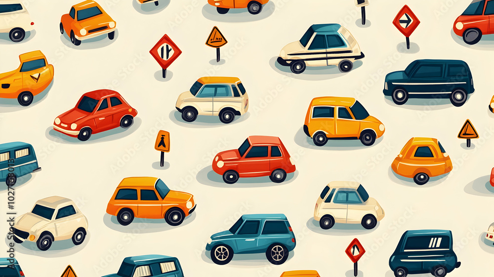 Seamless pattern of small cars and road signs, cute and colorful design for kids' room decor - Seamless pattern of small cars and road signs, cute and colorful design for kids' room decor -