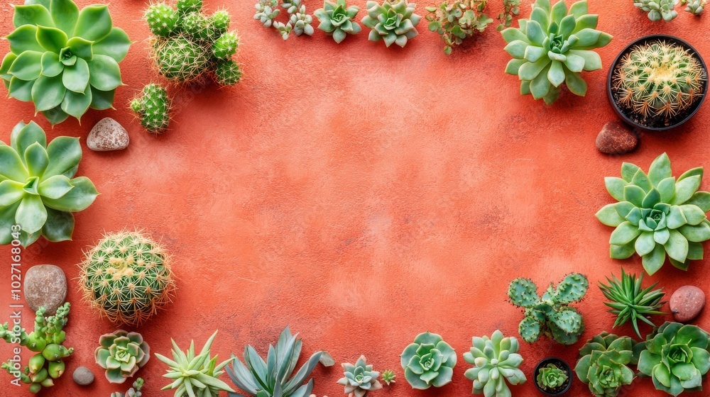 A Frame of Succulents and Cacti on Orange Background A Frame of Succulents and Cacti on Orange Background