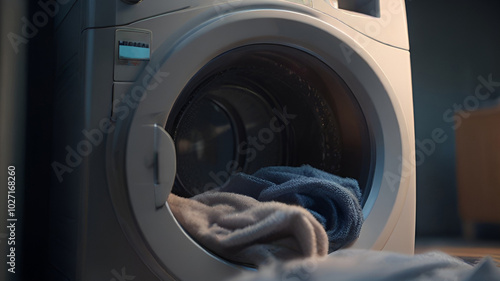 Washing machine with clothes. Open porthole of a washing machine