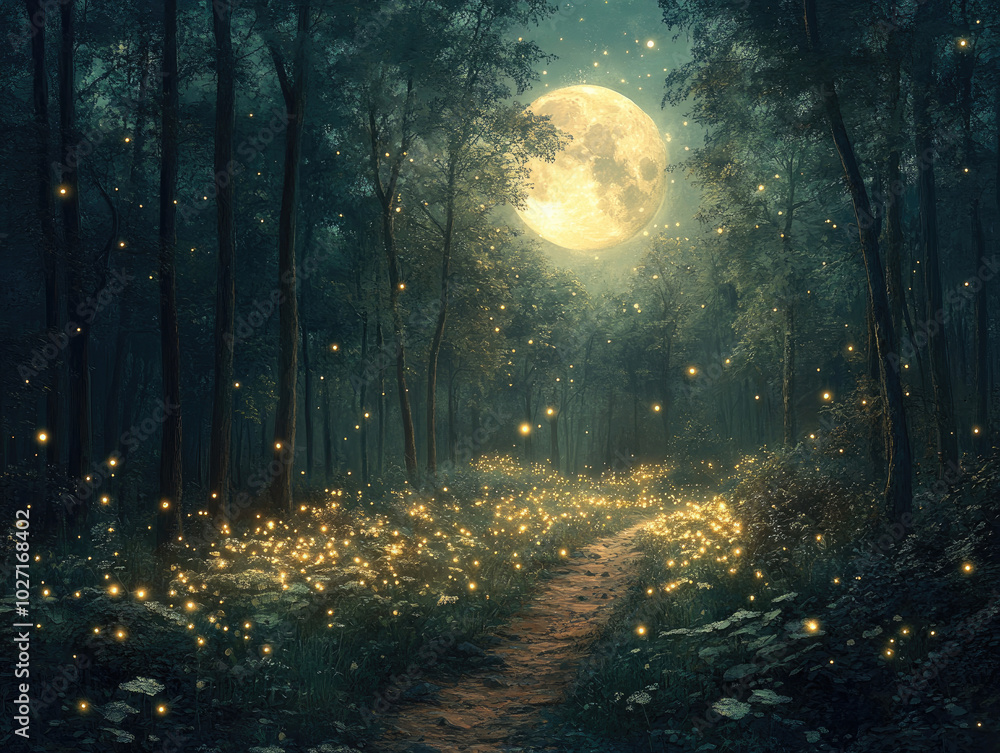 Fototapeta premium Enchanted Forest Path with Fireflies and Moonlight